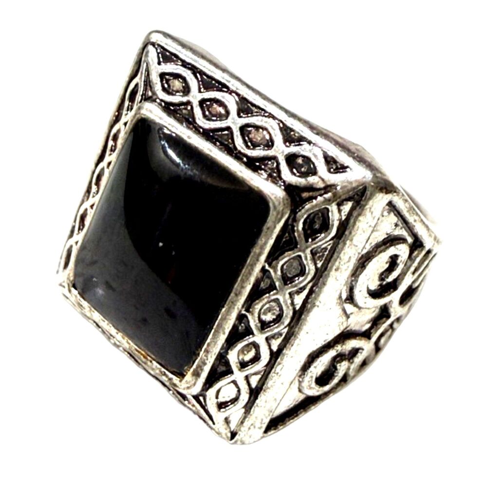 Silver Tone Black Stone Square Statement Ring Size 7.5 Gothic Bold